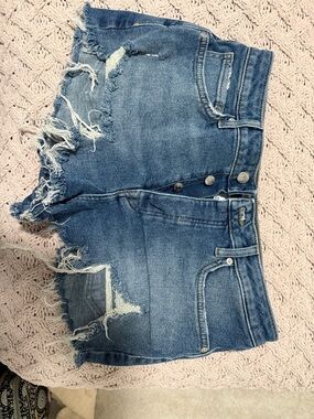 Forever 21 Ripped High-Waist Denim Shorts - Blue